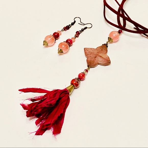 Dark Pink Mauve Rhodonite Stone Necklace & Cherry Quartz Zinfandel Earrings BOHO - Picture 7 of 15